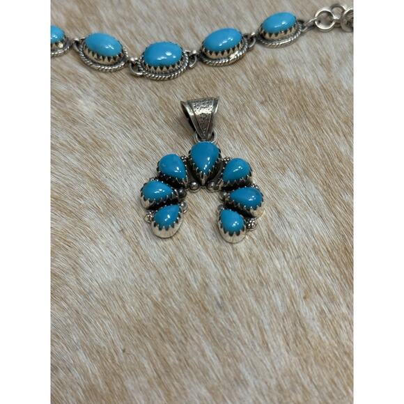 Native American SW Sterling Silver Blue Turquoise Naja Squash Blossom Pendant - Picture 6 of 8